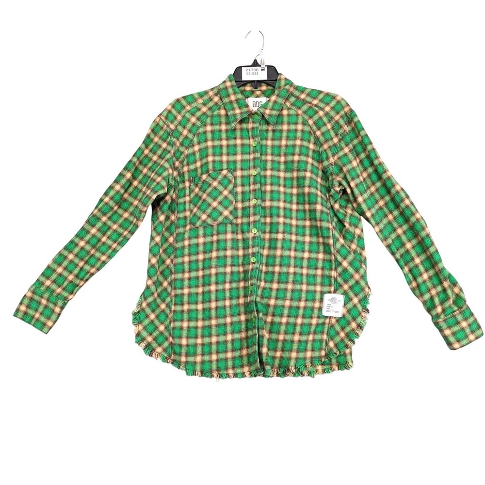 BDG Green Plaid Button-Up Flannel Shirt‎ Womens S Fringe Hem Urban Outfitters